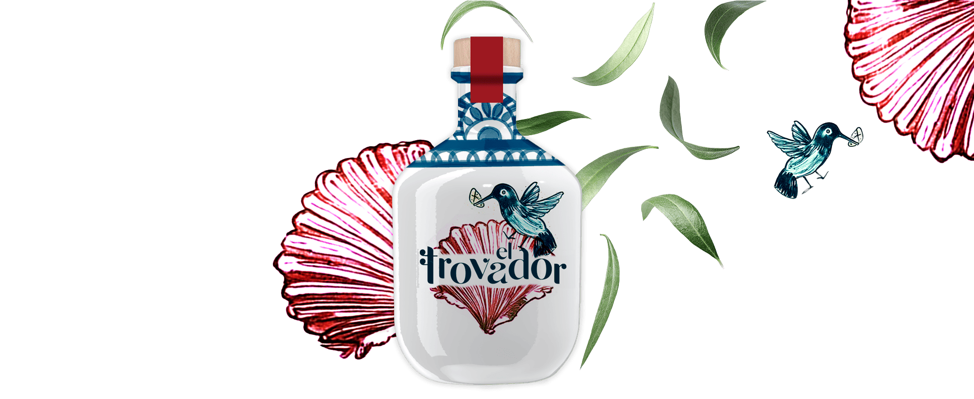 Botella El Trovador Premium con concha roja, colibrí y abanicos decorativos
