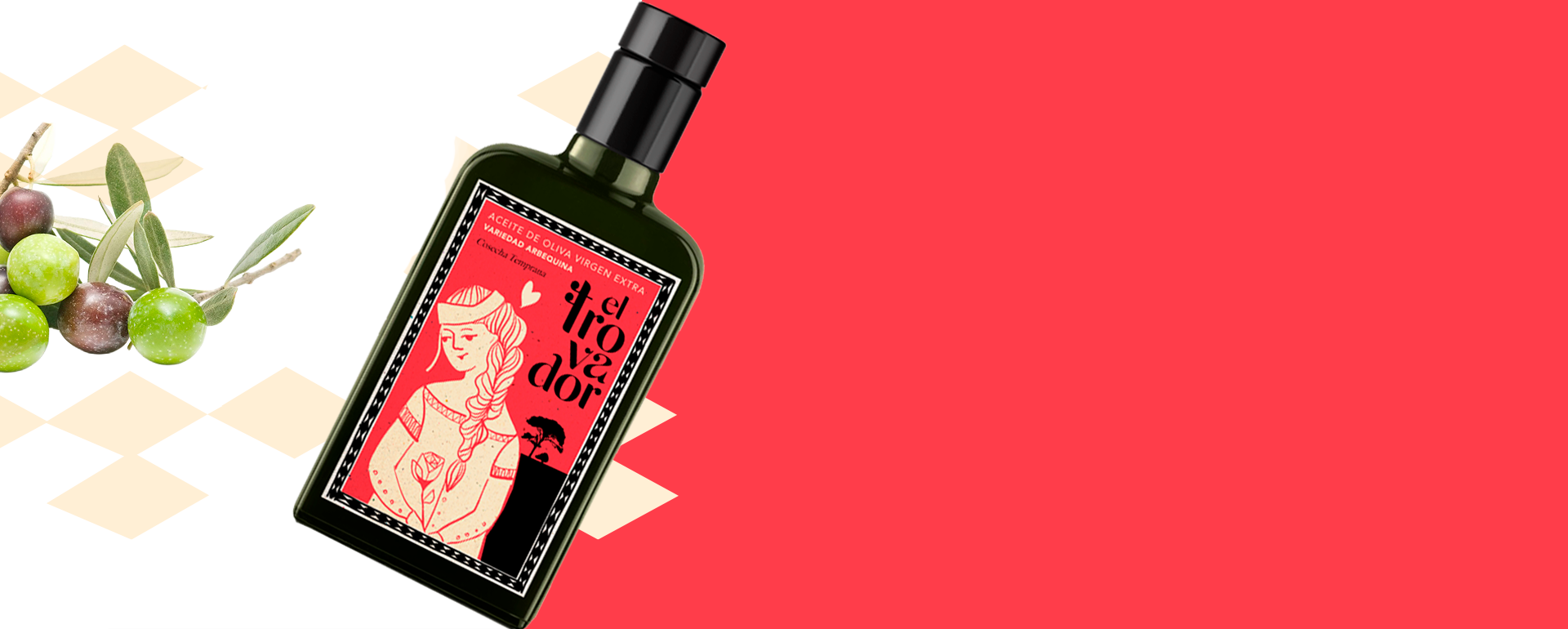 Botella El Trovador variedad Picual cosecha temprana sobre fondo rojo con aceitunas
